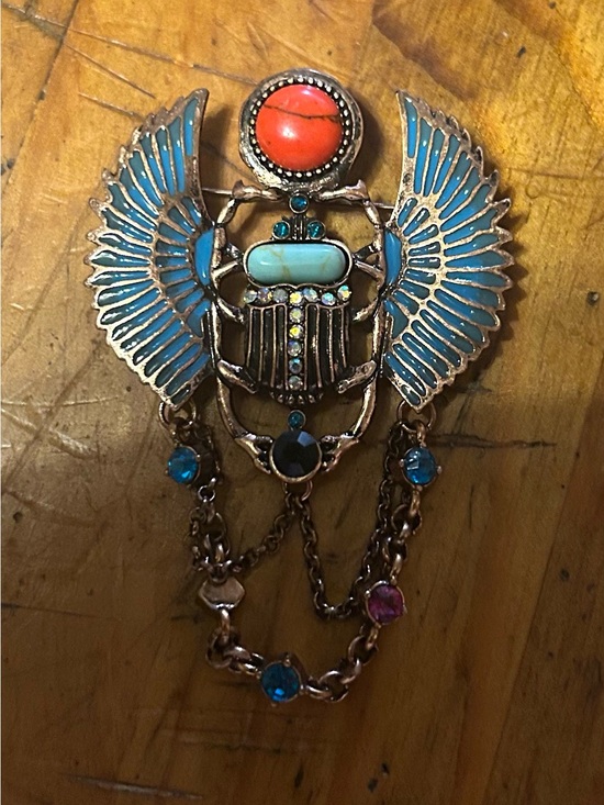 Source Unknown Jewelry - Source Unknown Blue and Coral Winged Scarab Brooch with Chain Drops